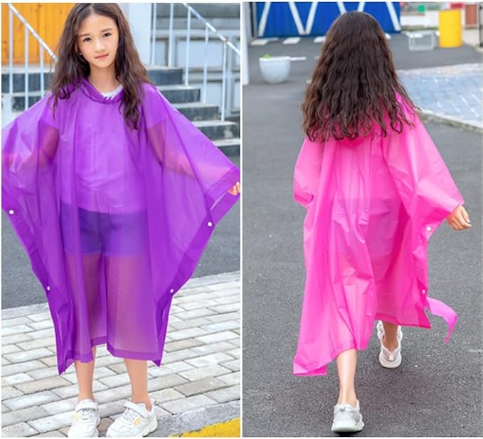 Rain Poncho for Kids (2 Pack), Reusable EVA Children Raincoat Ponchos Rain Jacket with Hood for 6-14 Girls Boys