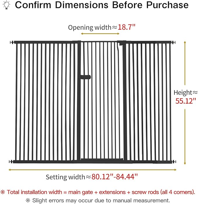 Lumizone Extra Tall Cat Gate 55.12" High Pressure Mounted Extra Wide 2025 New (17 Sizes) 1.37" Gap No Drilling Auto-Close One-Handed Operation Tall Pet Gate for Dogs(Black, 55.12" H x 80.12"-84.44" W)