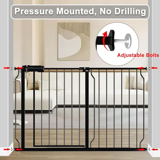 Fairy Baby Walk Through Baby Gate 43.5-48 Inch Wide for Stairs, Pressure Mounted Safety Gate with Door No Drill, Black Tension Metal Gate for Dog and Toddler