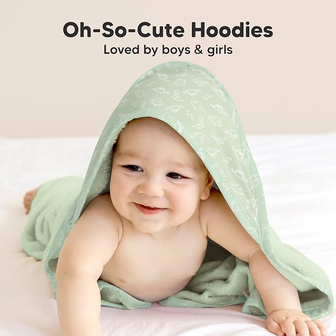 KeaBabies Hooded Baby Towel for Newborn - Viscose Derived from Bamboo Large Baby Bath Towels with Hood for Boys, Girls, Toddler, Extra Absorbent & Soft Newborn Bath Essentials (Dinos, Regular)