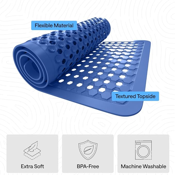 GORILLA GRIP Patented Square Shower Stall Mat, Small Bathtub Floor Mats for Stand Up Showers, Suction Cups, Drain Holes, Machine Wash, Soft on Feet, Bathroom Accessories 21x21 Inch, Royal Blue Opaque