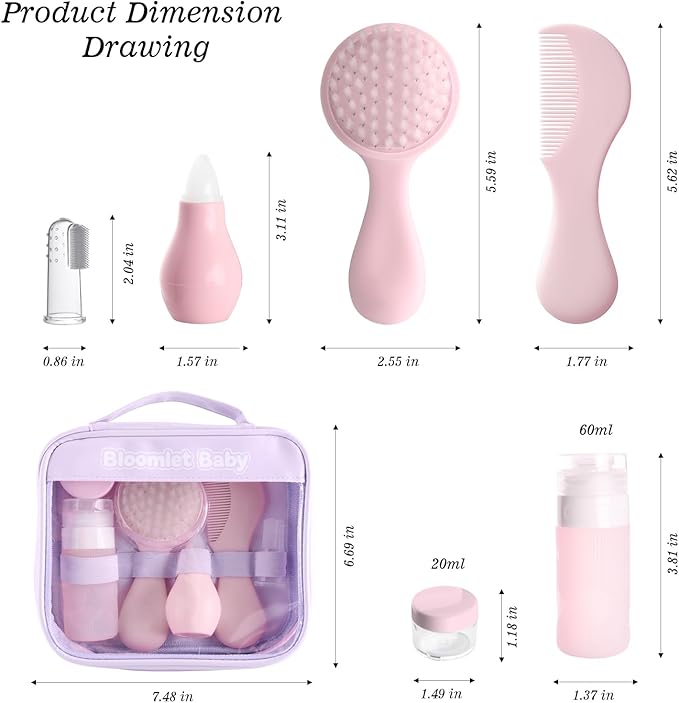 Baby Care Kit, Baby Grooming Kit,6-Piece Newborn Grooming Set with PP Baby Comb & Brush, Silicone Nasal Aspirator, Travel Bottles (60ml/20ml), Toothbrush, Newborn Care Set (Pink)