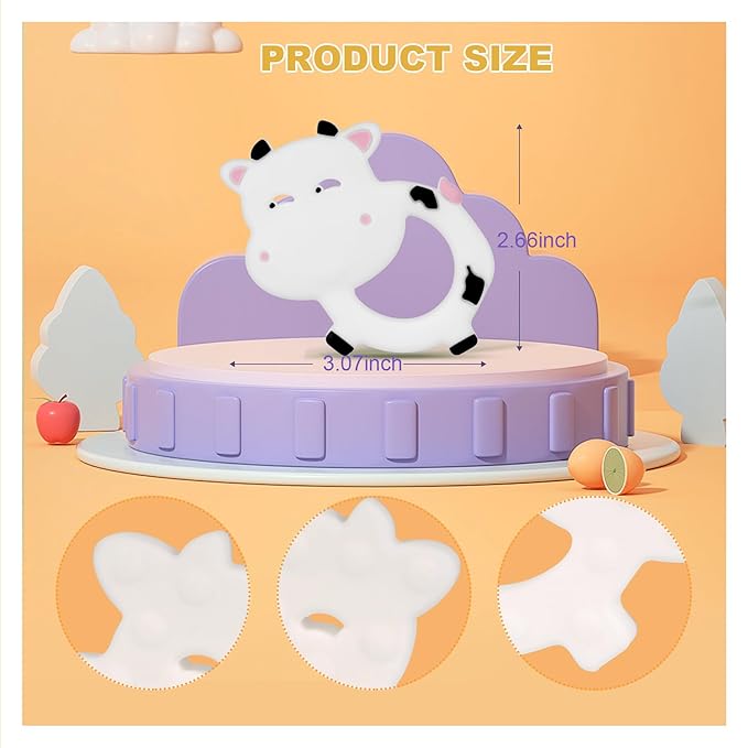 Silicone Baby Teether Ring for 3–12 Months, BPA-Free Soft Teething Toy, Easy-Grip Cow Infant Teether for Boys and Girls (White)