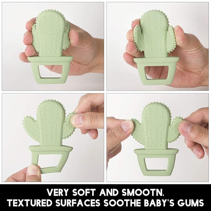 Baby Food Grade Silicone Teether Toy with One Piece Design Pacifier Clip Holder,Teething Pain Relief Toys Gift Set for 3 Months+ Boys and Girls,Freezer Safe,BPA Free. (Cacuts)