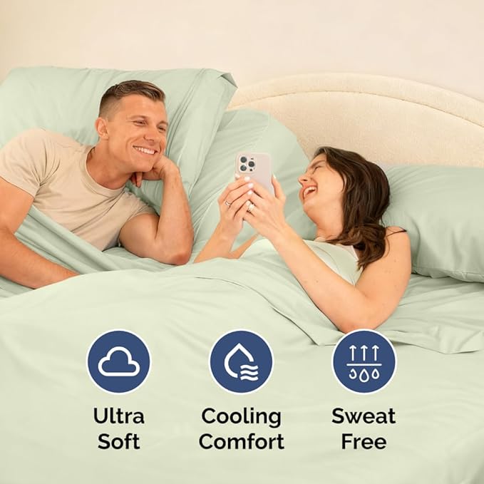 Split Head King Sheet Set – 4 Piece Flex Split Top King Sheets for Adjustable Beds - Fits 14” to 16" Mattress w/ Deep Pockets - Breathable & Cooling - Luxury Bedding & Wrinkle Free - Light Sage Green