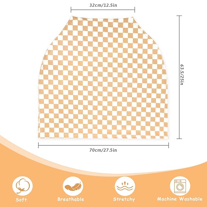 TANOFAR Car Seat Cover for Baby, Multi-Use Cover Carseat Canopy, High Stretchy & Breathable Infant Carseat Cover, Shower Gifts for Unisex Boys and Girls (Light Brown Checkerboard)