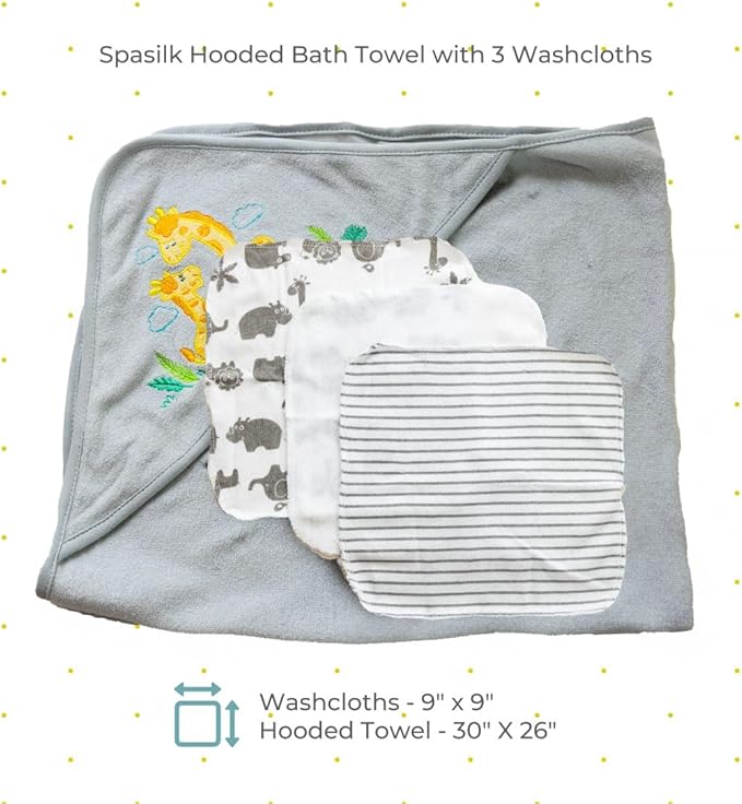 Spasilk Hooded Bath Towel and Washcloths Set for Newborns, 1 Soft Terry Baby Towel and 3 Baby Washcloths, Baby Essentials, Ideal, One Size, Gray Giraffe