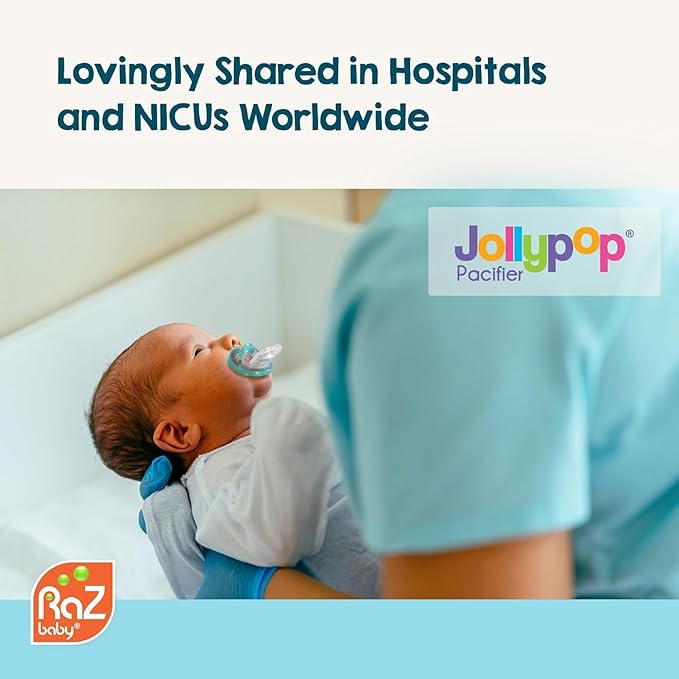 RaZbaby Jollypop Pacifier for Babies 3 Months and Up, USA Made, Natural Shaped Orthodontic Binky, Lovingly Shared in NICUs & Hospitals Worldwide, Medical-Grade 100% BPA-Free, 0-3m (Variety, 4 Count)