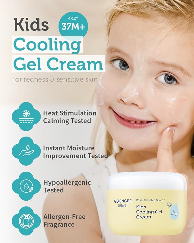 GOONGBE Kids' Cooling Gel Cream - Korean Kids Daily Quick Soothing and Cooling Moisturizer for Face and Body - Fresh Gel for Heated Skin with Cica and Allantoin - Allergen Free Scent, 3.38oz.