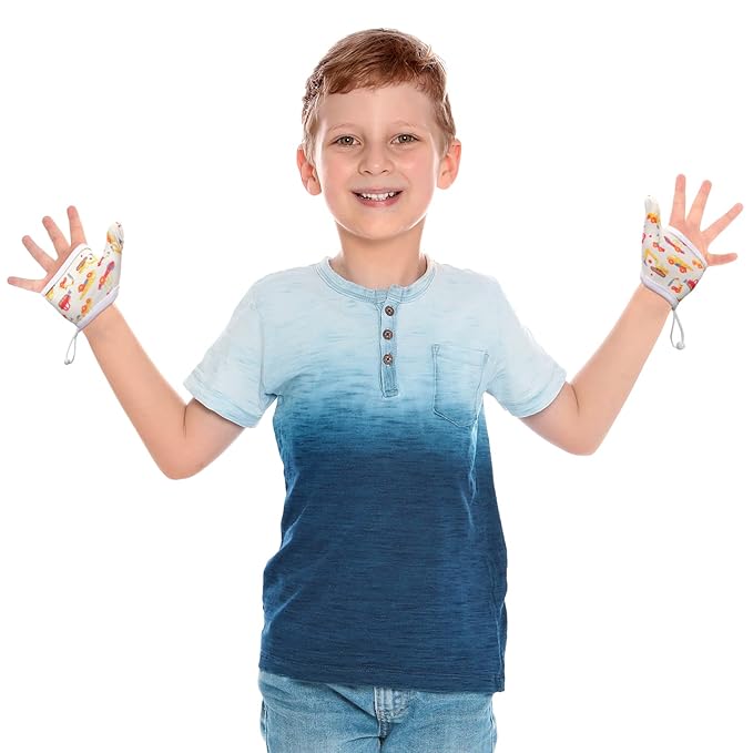 Seematn 4 Pairs Thumb Sucking Stop for Kids Breathable Thumb Suck Guard for Baby Toddler Stop Sucking Fingers Nail Biting Gloves(3-6 Years,Dinosaur)