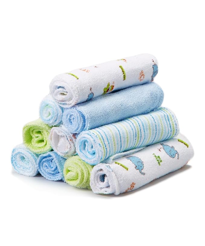 Spasilk Washcloth Wipes Set for Newborn Boys and Girls, Soft Terry Washcloth Set, Pack of 10, Blue Elephants