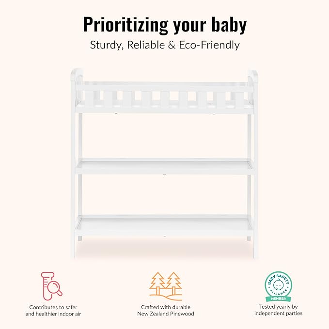 Dream On Me Emily Changing Table, Compact and Lightweight, Solid New Zealand Pinewood, Elevated Safety Rails, Two Storage Shelves, Includes Water-Resistant 1" Changing Pad — White
