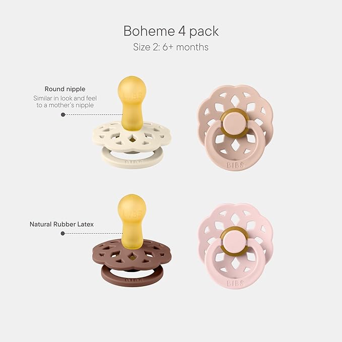 BIBS Boheme Toddler Pacifier Set for 6–18 Months | BPA-Free Latex Round Teats | Soft Natural Rubber Soothers | 4-Pack | Made in Denmark | Blush Mix