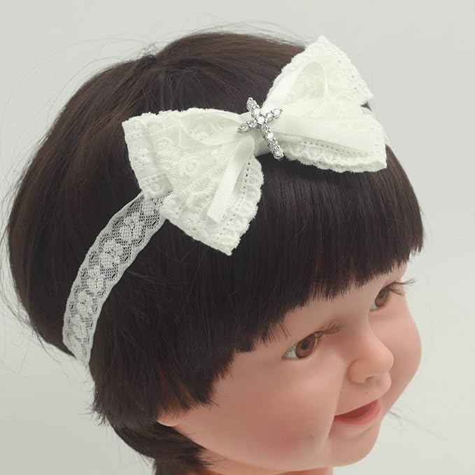 White Baby Bow Headband for Baptism Christening Satin Lace Hair Band with Cross for Toddler (B-white lace headband for baptism, 0-6 months)