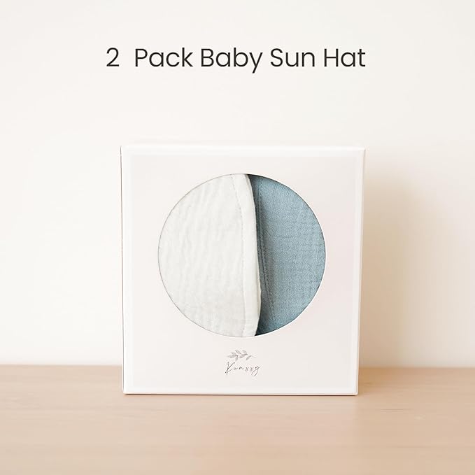 Konssy 2 Pack Muslin Baby Sun Hat UPF 50+ Sun Protection Baby Bucket Hat Summer Beach Hats with Wide Brim for Boys & Girls