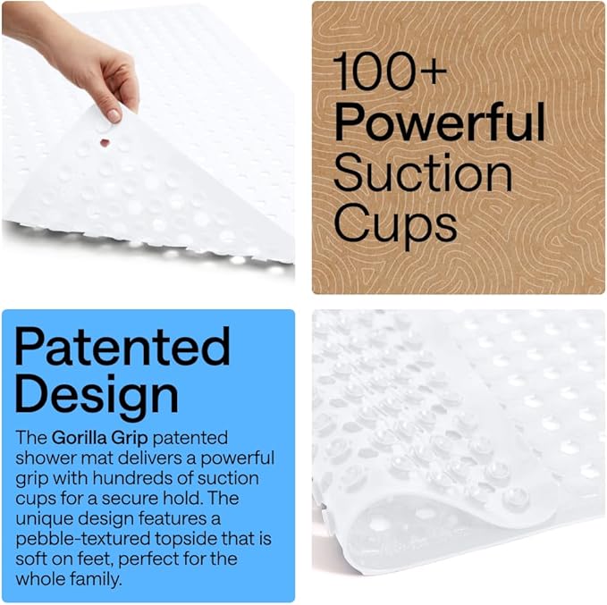 GORILLA GRIP Patented Square Shower Stall Mat, Small Bathtub Floor Mats for Stand Up Showers, Suction Cups and Drainage Holes, Machine Wash, Soft on Feet, Bathroom Accessories 21x21 Inch, 2 Pack White
