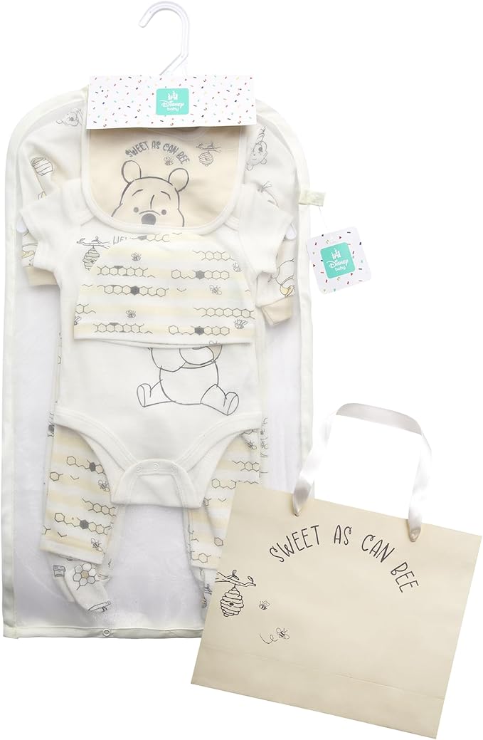 Disney Newborn Baby Girl Boy Clothes - 7 Piece Mickey Mouse Winnie the Pooh Bib Onesie Overall Beanie Pants Gift Bag Gift Set