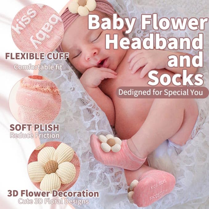 Baby Girl Cute Headband & Socks Combo - Non-Slip Floral Grips Socks & Soft Flower Nylon Hairbands, Essential Hair Accessories for Kids Infants (1-3 Years, Pink Beige khaki)