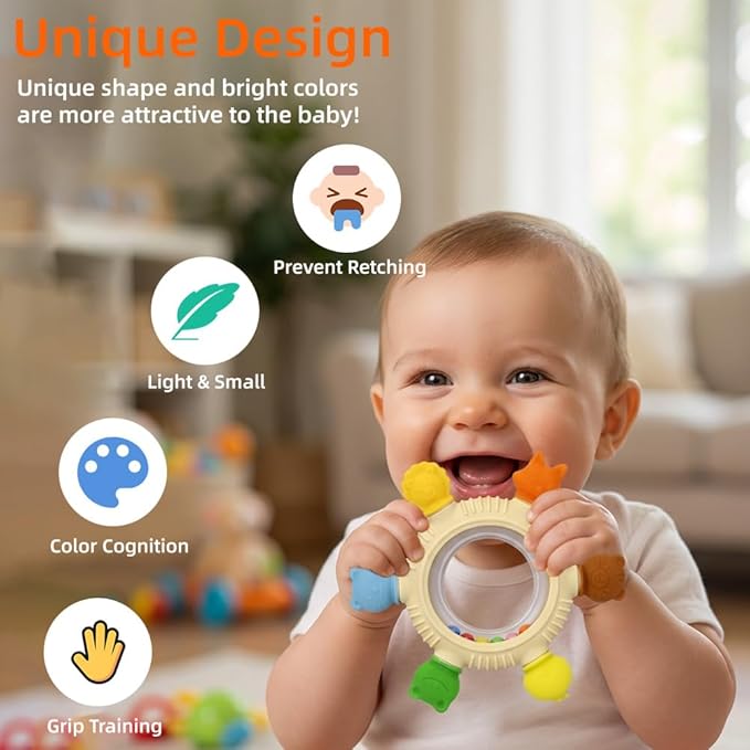 Baby Teething Toys for 0-6 Months,Babies Rattle Teether Sensory Toy for Baby 6-12 Months,Ring Teether Infant Toys for Babies 0-24Months,BPA Free Babys Chew Toys Newborn Infant Toys Gifts