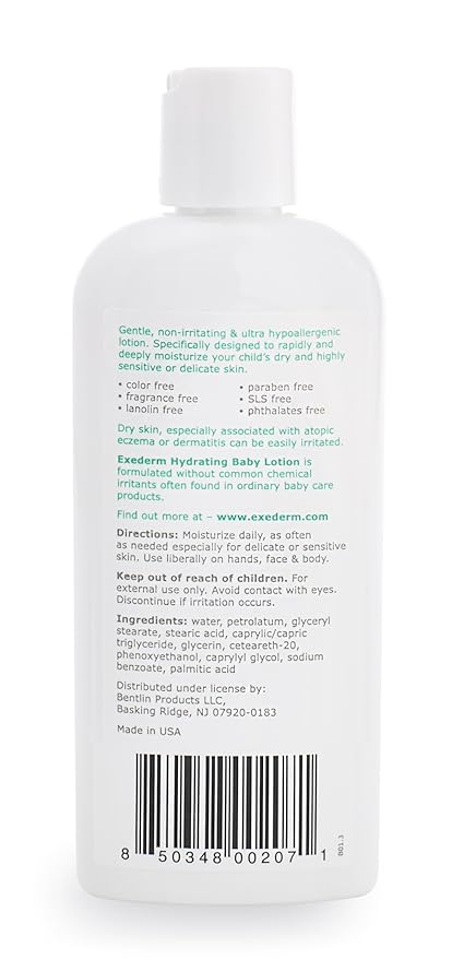 Exederm Baby Lotion, Hydrating for Eczema & Dermatitis Prone Skin, 8 Fl Oz, Ultra Sensitive Non-Irritating Baby Eczema Lotion, Soothing, Lightweight and Easy to Spread, Color, Fragrance & Paraben Free