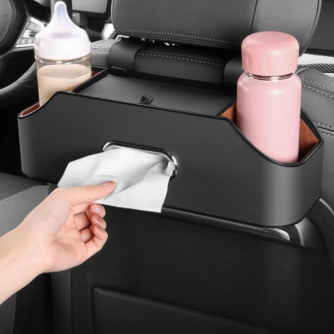 New car headrest Rear seat Multifunctional Storage Box, partition Design, with Cup Holder, Tissue Box, headrest Hook, Suitable for Children and Adults, car Travel Accessories (Black)