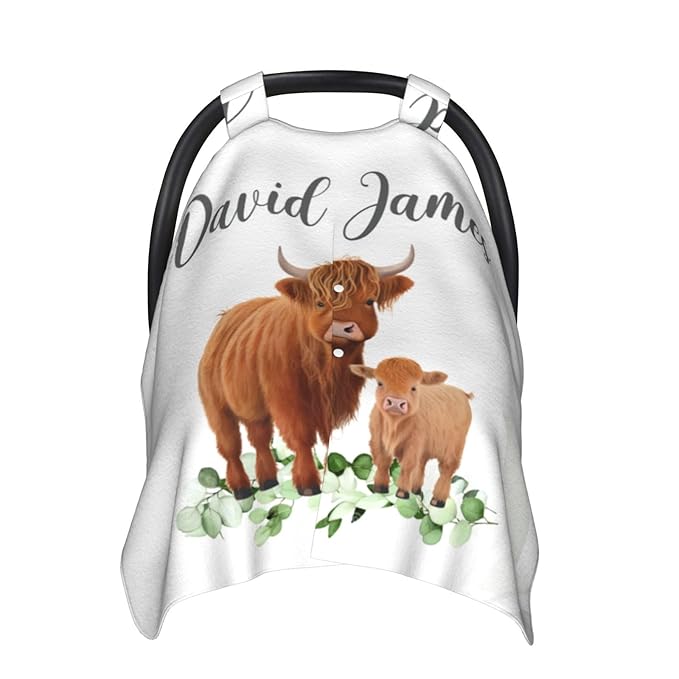 Personalized Baby Boy Car Seat Canopy for Babies, Custom Name Baby Car Seats Cover for Boys, High Land Cows Opening Minky Nursing Breastfeeding Covers for Infant, Carseat Canopies for Newborn