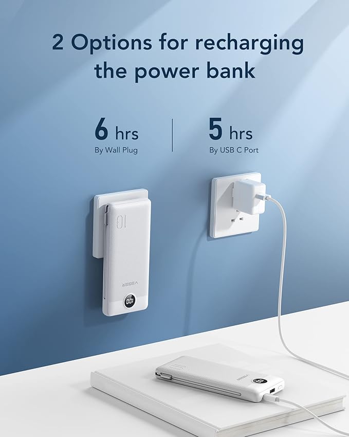 VEGER Portable Charger with Built-in AC Plug and Cables, All in One 10000mAh Ultra Slim Power Bank Travel Essentials, 15W Fast Charging Battery Pack Compatible with iPhone, Samsung, Android (White)