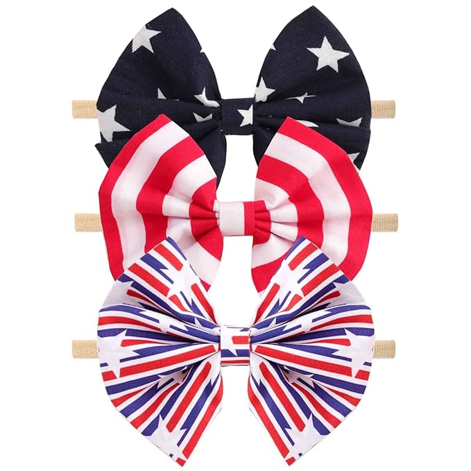 4th of July America Flag Baby Headbands Cheer Bow, Baby Girls Red White Blue Star Spangled Patriotic Hair Bow for Newborns Toddlers Small Children,3 Pcs (America Flag-B)