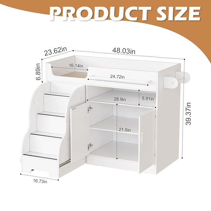 PAKASEPT Baby Changing Table with Stairs & Storage, Nursery Dresser Modern Diaper Changing Station, Dresser for Nursery with Adjustable Shelves, Storage Crib with Changing Table