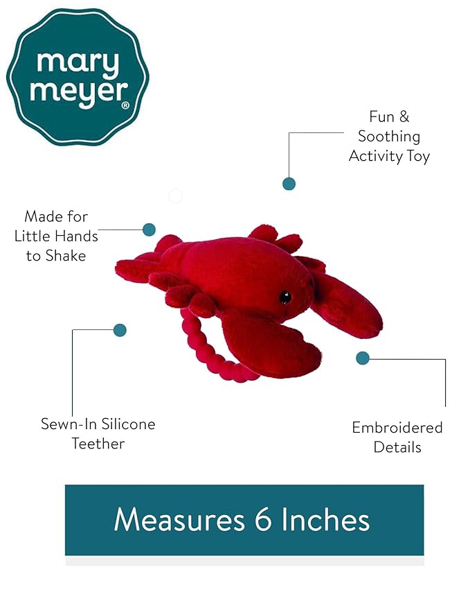 Mary Meyer Soft Baby Rattle with Teether Ring, 6-Inches, Lobbie Lobster