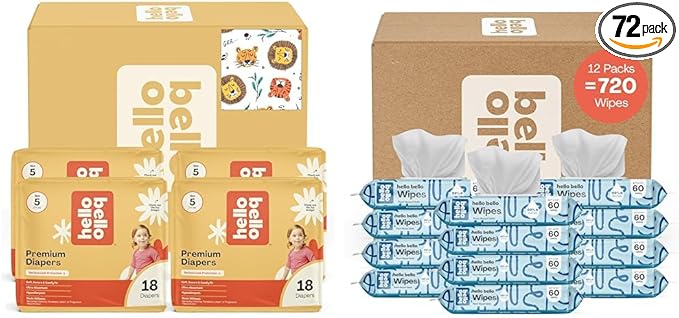Hello Bello Diapers, Size 5 (27 lbs) Wild Cats, 72 Count Value Pack of Premium Disposable Baby Diapers, Hypoallergenic with Soft, Cloth-Like Feel + Extra Gentle Unscented Baby Wipes, 720 Count