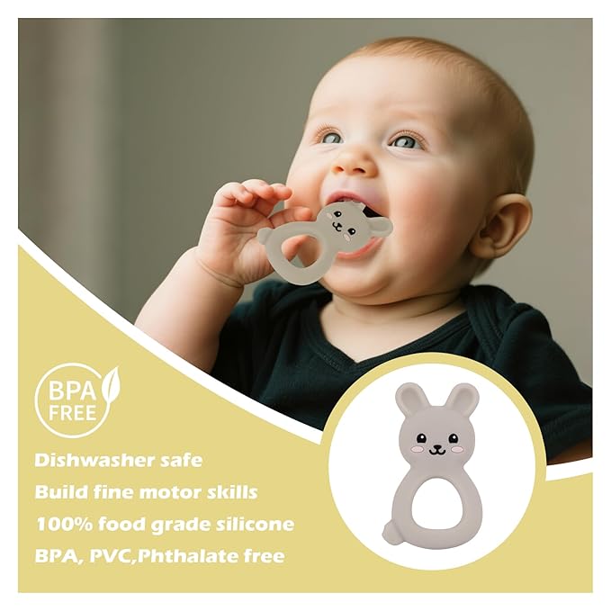 Baby Bunny Teether, Food-Grade Silicone Toy for Infants 3–12 Months, Easy-Grip Chew Toy with Textured Ears for Sensory Exploration, Freezable & Dishwasher Safe (Light Grey)