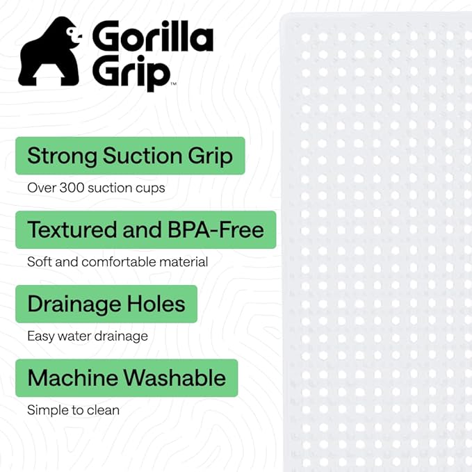 GORILLA GRIP Patented Bath Tub Shower Mat, 2 Pack, Machine Washable Bathtub Floor Liner Mats, Suction Cups and Drain Holes to Keep Tubs Clean, Soft on Feet, Bathroom Essentials, 35x16 Inch, White