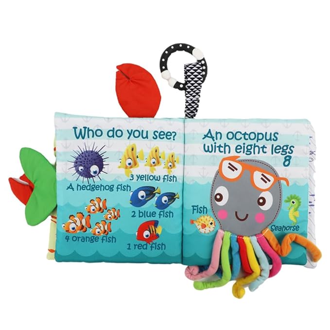 Fish Baby Books Toys, Touch and Feel Crinkle Cloth Books for Babies,Infant, Baby Toys 0-6-12 18 Months, Learning Education Soft Sensory Mirror Toy, Shower Gifts Christmas for Baby Boys Girls-Green
