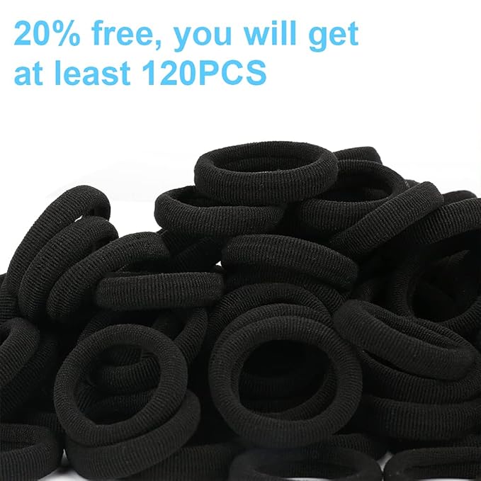 Black Seamless Hair Ties – Cotton Hair Bands – Tiny Elastics Ponytail Holders for Toddlers, 1 Inch in Diameter, Black, by Nspring