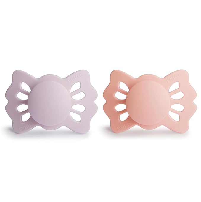 FRIGG Lucky Symmetrical SilkySoft Silicone Baby Pacifier | Made in Denmark | BPA-Free (Soft Lilac/Pretty in Peach, 0-6 Months)