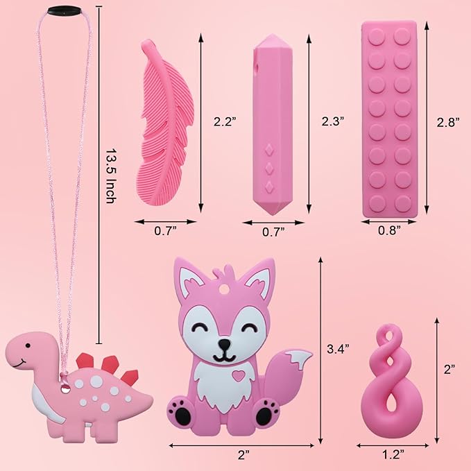 Chew Necklaces for Sensory Kids, 6 Pack Fox and Dinosaur Silicone Chewy Necklace for Boys and Girls with Autism, ADHD, SPD, Sensory Chewing Toys for Autistic Children Reduce Anxiety Fidgeting
