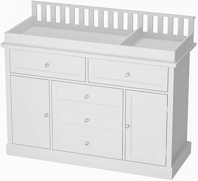 46“ Baby Dresser with Changing Table Top, White Dresser with Storage Drawers and Doors for Nursery, Multifunctional Nursery Baby Changing Table Dressers, Diaper Station Cabinet for Kids Room
