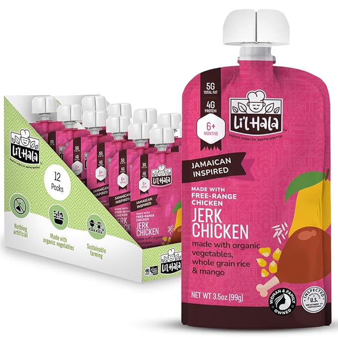 Li'l Hala Foods - Baby Meat Pouches - Toddler Meals with Meat – Protein & Healthy Fats Puree – No Hormones – 6+ Months – 3.5 oz (12 Pack) (Jerk Chicken)