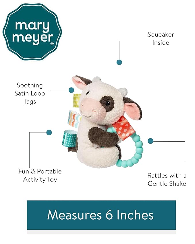 Taggies Soft Baby Rattle with Soothing Teether Ring and Sensory Tags, 6-Inches, Buttercup Cow