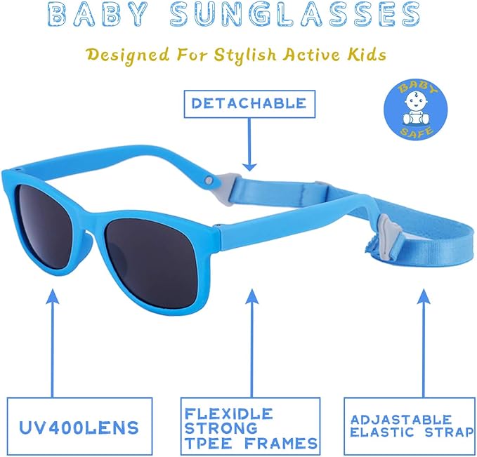 MAXJULI Baby Infant Sunglasses Safe, Soft, With Adjustable Strap 0-24 Months BPA Free 7002