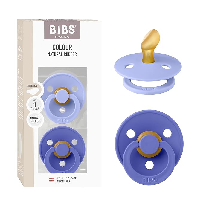 BIBS Colour Anatomical Soother 2-Pack, BPA Free Dummy Pacifier, Orthodontic Nipple. Natural Rubber Latex, Made in Denmark, Size 1 (0-6 Months), Hush/Grape