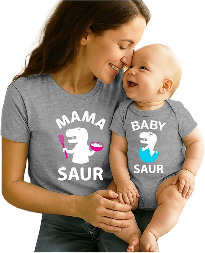 Tstars Mama and Baby Saur Matching Outfit Set - Mom Shirt and Bodysuit Gift for Baby Shower or Mother's Day