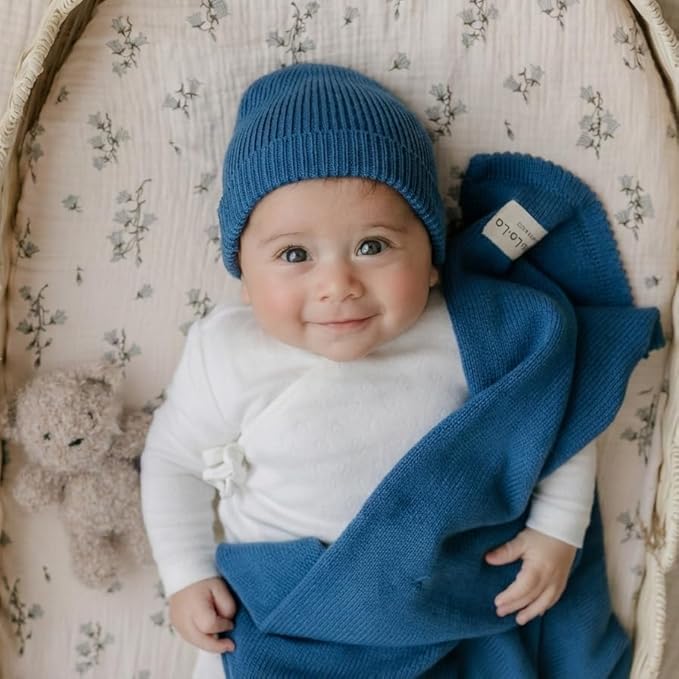 Baby Gift Set - Organic Cotton Newborn Blanket Essentials, Thoughtful Baby Shower & New Baby Gift for Boys & Girls (Luxe - Denim Blue)
