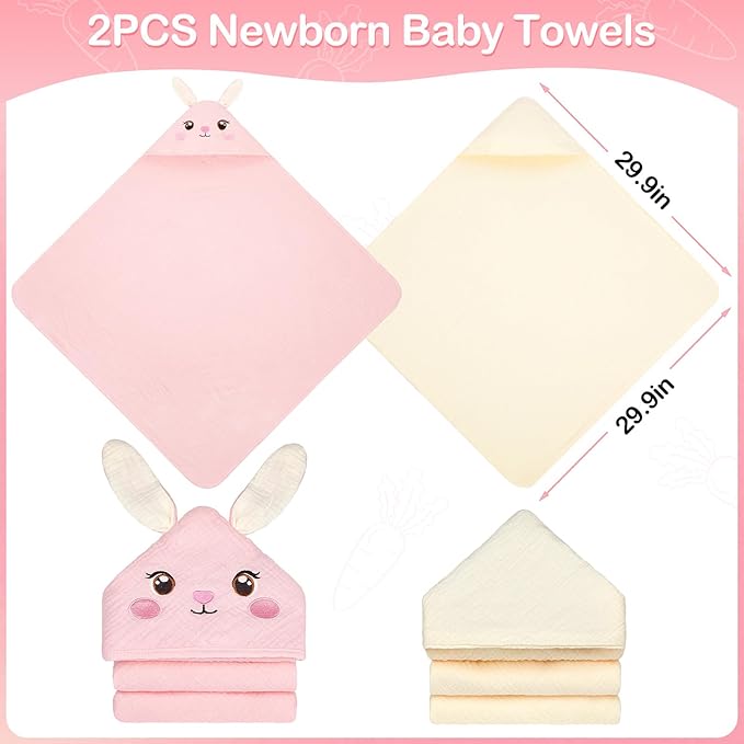 Unicorn Castle Hooded Baby Towels 2Pack 100% Muslin Baby Bath Towels for Newborn Animal Design Ultra-Soft Baby Girl Boy Bath Essentials 30 X 30 Inch, Pink Rabbit- Beige