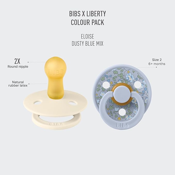 BIBS Liberty Soother 2-Pack, BPA Free Dummy Pacifier, Round Nipple. Natural Rubber Latex, Made in Denmark, Size 2 (6-18 Months), Eloise Dusty Blue