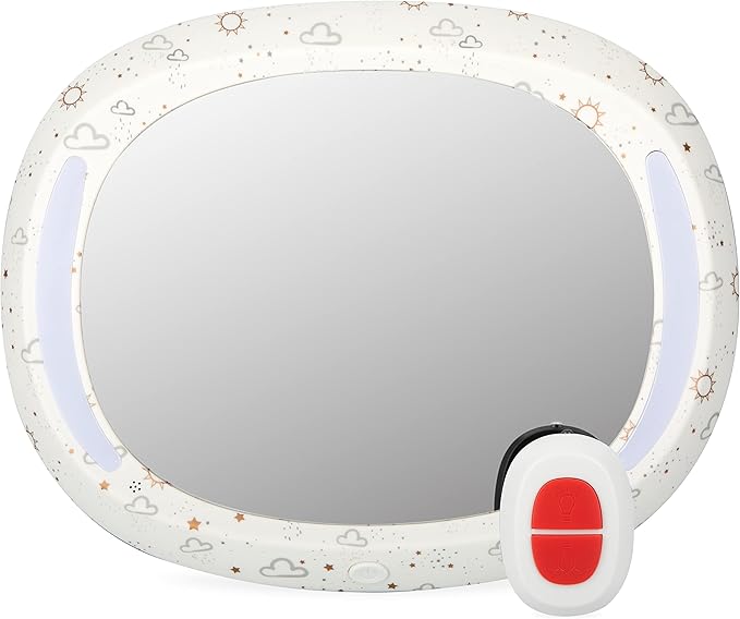 Nuby LED Light Backseat Baby Car Mirror with Remote Controlled Light, Wide View Shatter Resistant Mirror, Adjustable, White Cloud