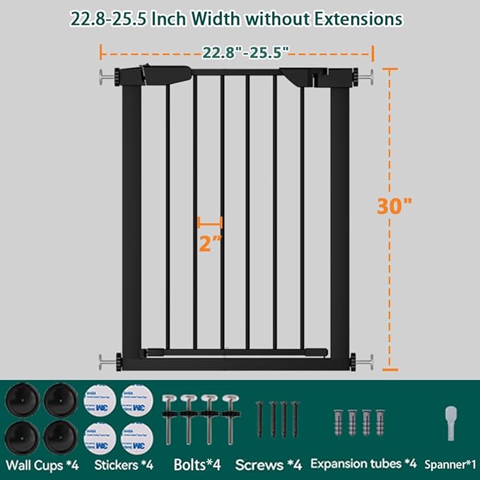 Fairy Baby 22.8"-25.5" Narrow Baby Gate for Stair, Pressure Mounted Auto-Close Pet Gate for Small Walk Thru and Doorways, Safety Child Gate No Drilling, No Extensions, Black