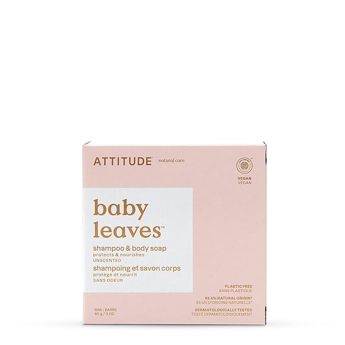 ATTITUDE Plastic-Free Shampoo and Body Soap Bar for Baby, EWG Verified, Dermatologically Tested, Vegan, Unscented, 3 Ounces