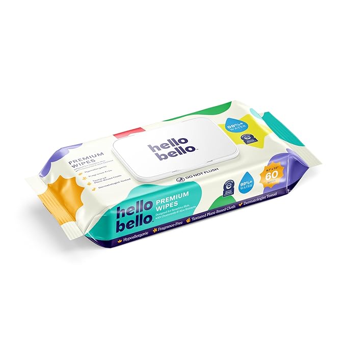 Hello Bello Premium Fragrance-Free Baby Wipes, with Chamomile & Aloe Extracts for Sensitive Skin - 12 Resealable Packs = 720 Total Wipes